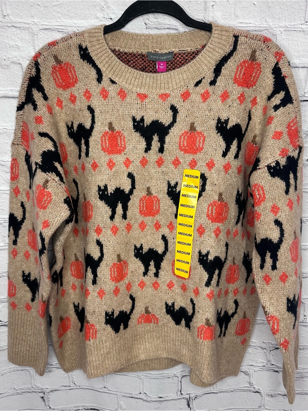 Custo Barcelona Tan Sweater with Black Cats and Orange Pumpkins